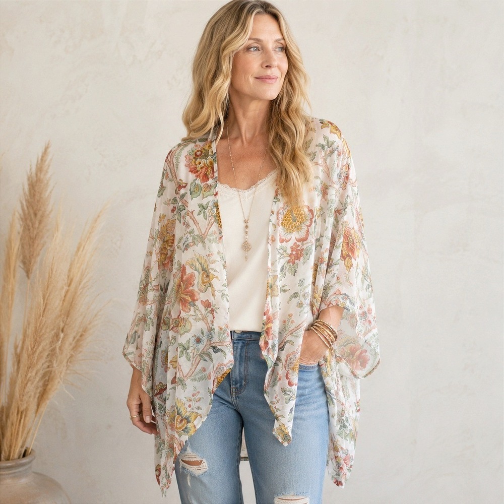Karen Kane Open Front Kimono Women XL Sheer Floral Chintz Boho Fairy Resort USA